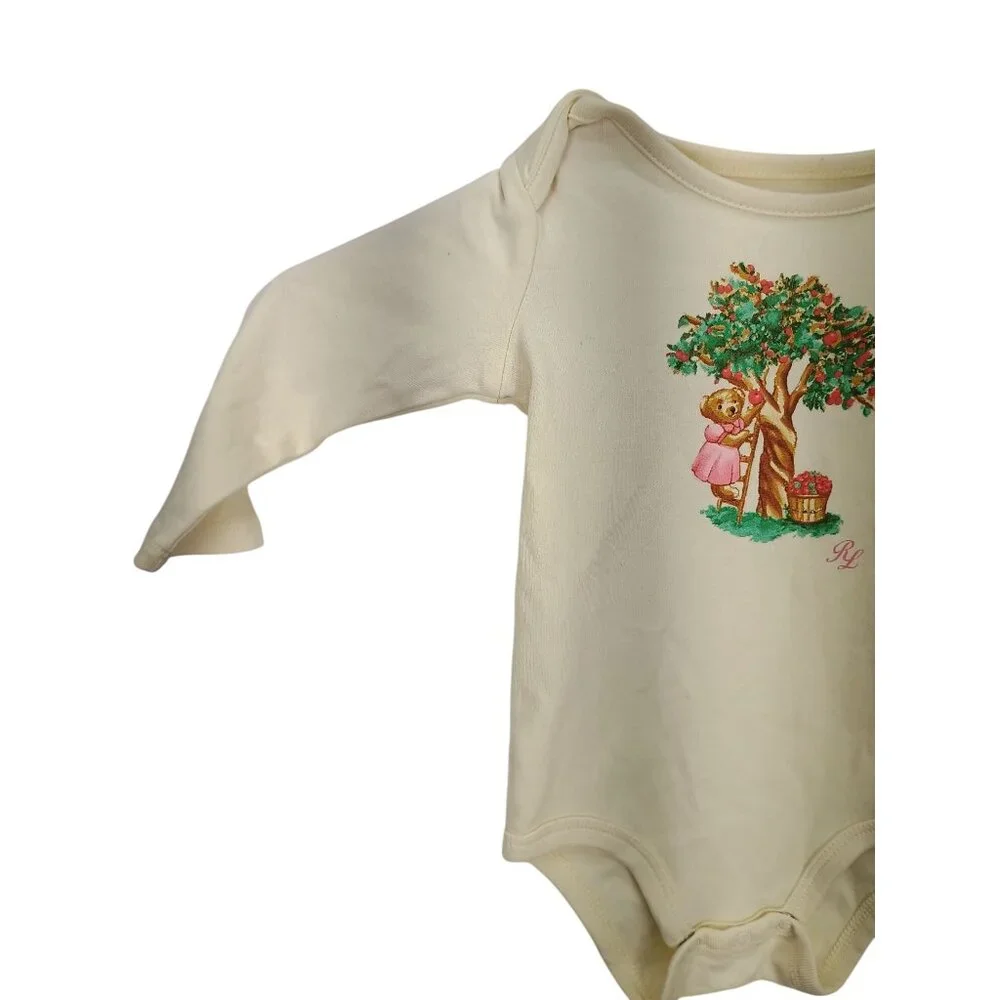Ralph Lauren Baby White Long Sleeve Onesie With Bear & Tree‎ Print